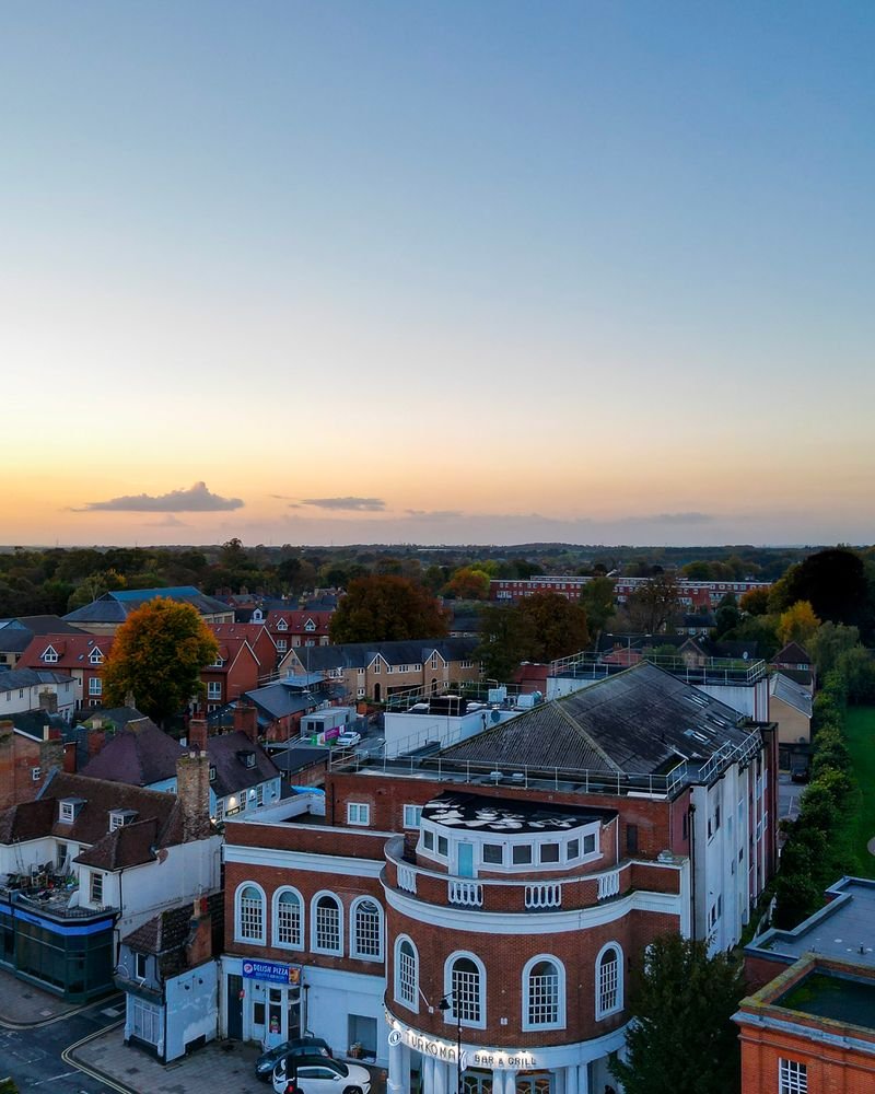 Newmarket High Street at dusk, seen from above